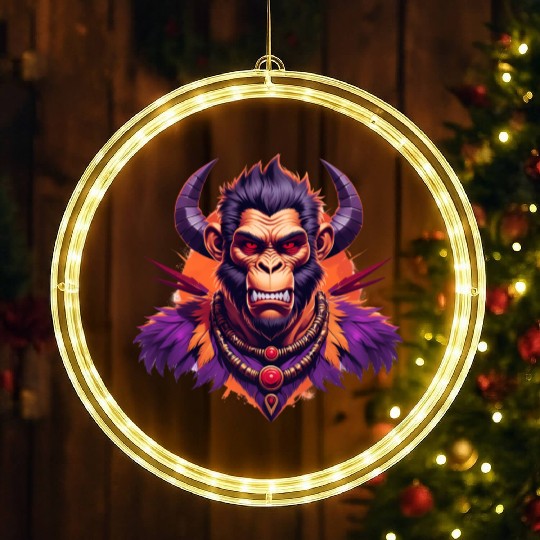 Tribal Monkey Warrior Mascot Illustration on White LED Christmas Window Lights