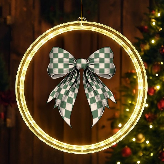Coquette Bow Green Cream Classic Checkered Pattern LED Christmas Window Lights