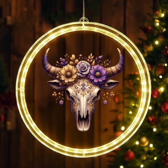 Boho Bull Skull with Floral – Western Bohemian LED Christmas Window Lights