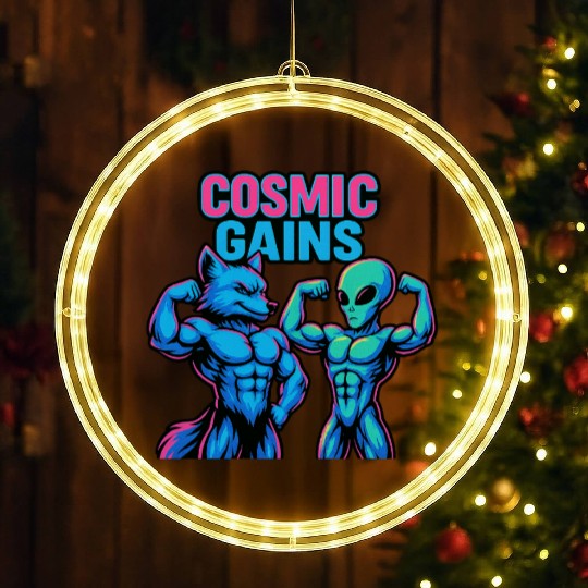 Cosmic Gains – Alien & Fox Gym Power LED Christmas Window Lights