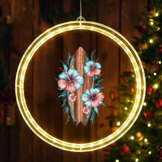 Hawaiian Surfer Surfing Beach Surfboard Hibiscus LED Christmas Window Lights