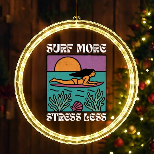 Surf More Stress Less | Tropical Sunset Surf Girl LED Christmas Window Lights