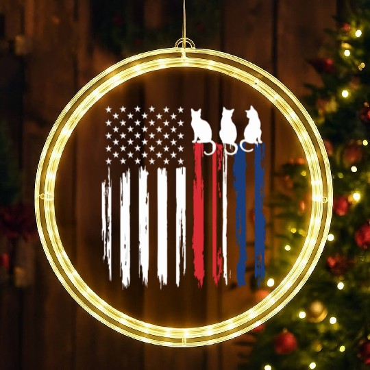 Patriotic Cat Lover - American Flag with Cat Silho LED Christmas Window Lights