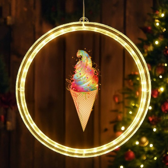 Artfully decorated ice cream in a waffle cone LED Christmas Window Lights