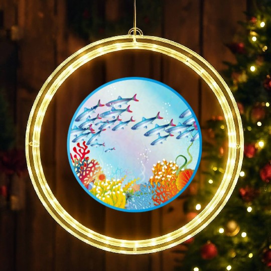 School of colorful fish in a coral reef LED Christmas Window Lights