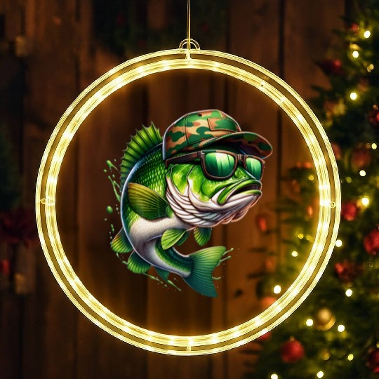 Camo Hat Bass Fish with Green Sunglasses LED Christmas Window Lights