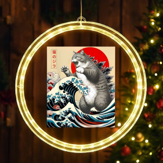 Catzilla Cat Japanese Art Funny Cat LED Christmas Window Lights