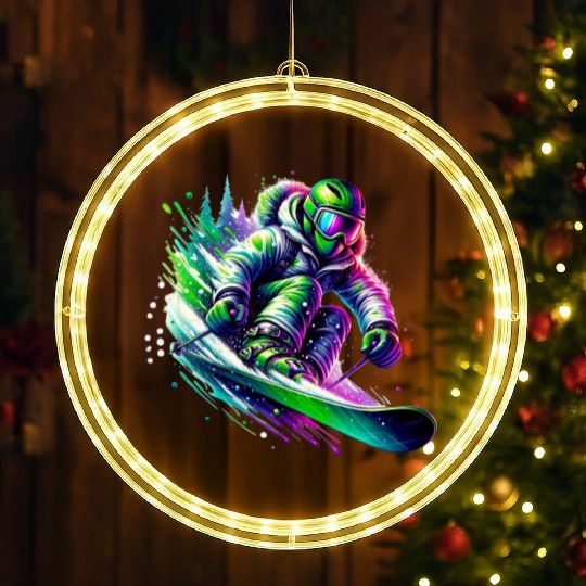 Vibrant Neon Skiing Warrior LED Christmas Window Lights