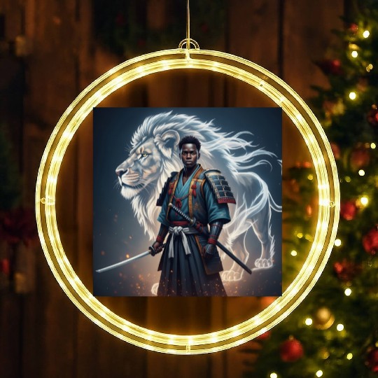 African Samurai With Spirit Lion LED Christmas Window Lights