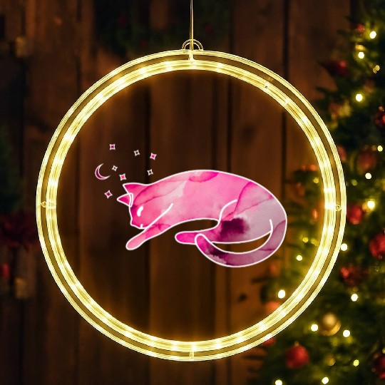 Watercolor Sleeping Cat with Moon Stars LED Christmas Window Lights