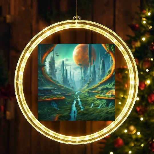 Futuristic Urban Landscape with Alien Sky LED Christmas Window Lights