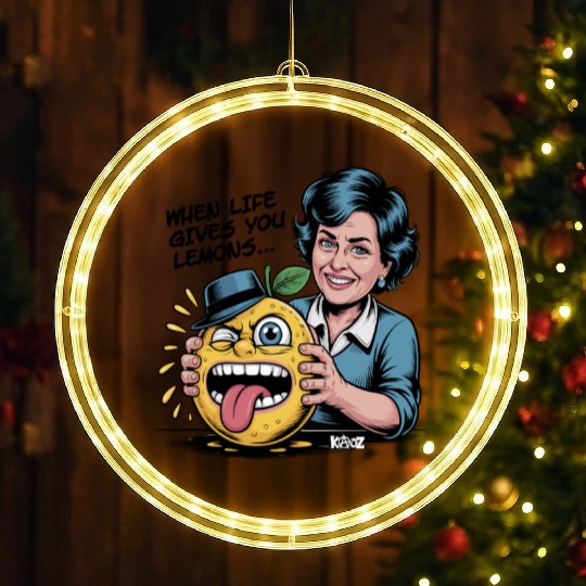 Smiling woman holding sour lemon cartoon face LED Christmas Window Lights