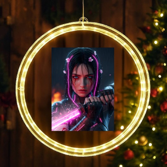 Cyberpunk Samurai Girl LED Christmas Window Lights