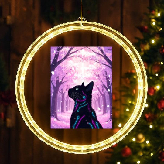 Midnight Cyber Cat | Pink Cherry Blossom Forest LED Christmas Window Lights