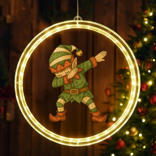 Patchwork Dabbing Elf Christmas Vintage Folk Art LED Christmas Window Lights