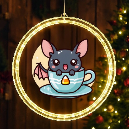 Cute Bat in Tea Cup Illustration LED Christmas Window Lights