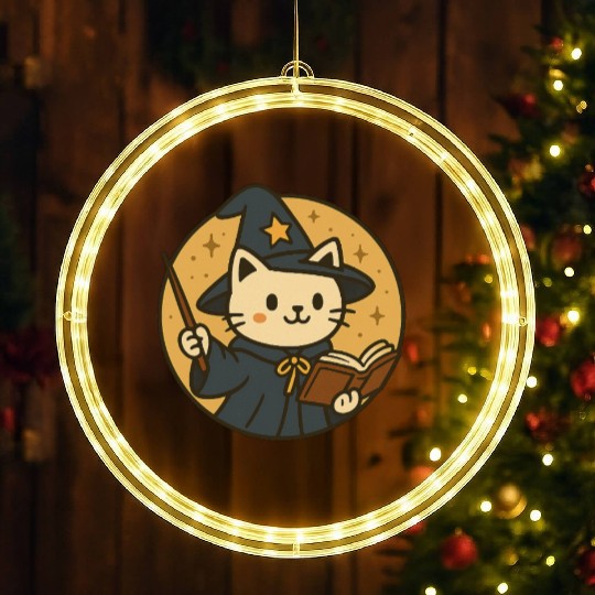 Whimsical Cat Wizard in Starry Night LED Christmas Window Lights