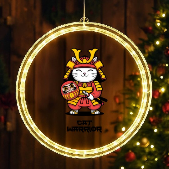 Kawaii Samurai Cat with Daruma Doll – Japanese  LED Christmas Window Lights