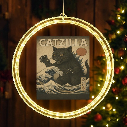 Ukiyo-e Catzilla Retro Japanese Monster Cat LED Christmas Window Lights