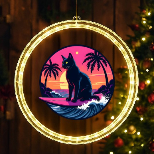 Retro Wave Cat Surfer LED Christmas Window Lights