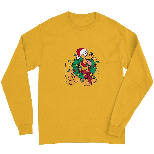 Pluto Wear Santa Hat Hug Christmas Wreath Long Sleeves, Very Merry Xmas Party Disney Trip Long Sleeves