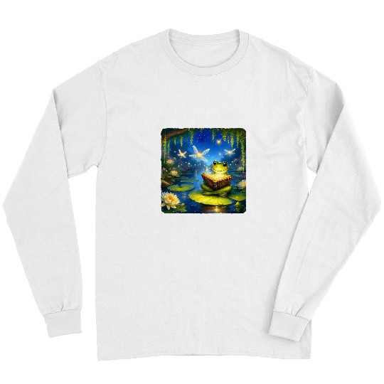 Frog Reading Fairy Tale Book With Fireflies Magical Pond Long Sleeves