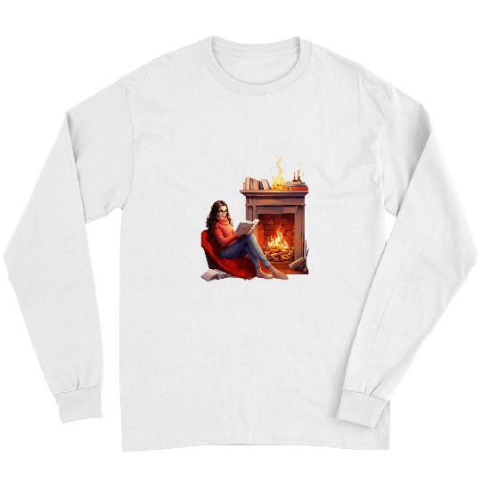 Book Reading In Fireplace Reader Bookworm Girls Women Long Sleeves