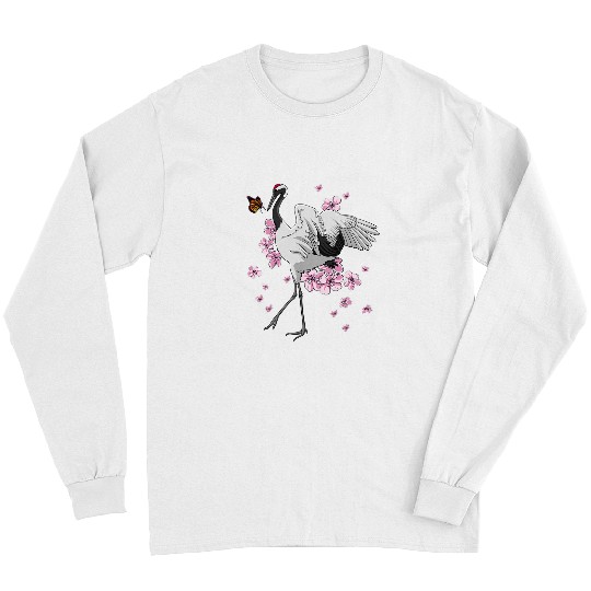 Japanese Crane With Butterfly Japanese Sakura Cherry Blossom Long Sleeves