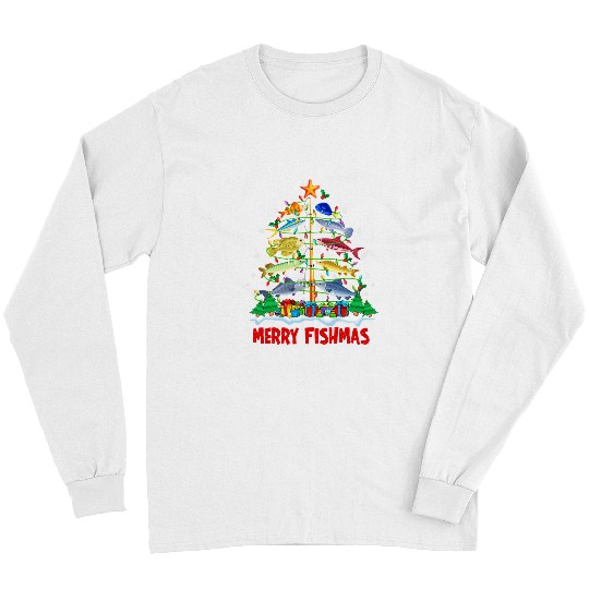 Fishing Merry Fishmas Funny Christmas Tree Lights Fish Fishing Rod Fisher Long Sleeves