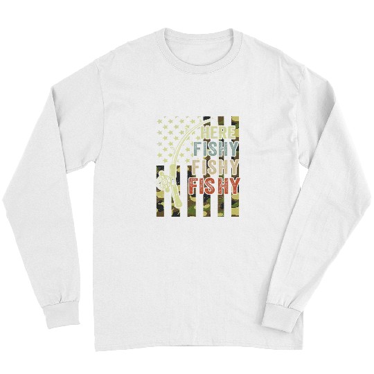 Fishing Mens Fishing Here Fishy Bass Fish Dad Gift Funny Fishing Fisher Long Sleeves