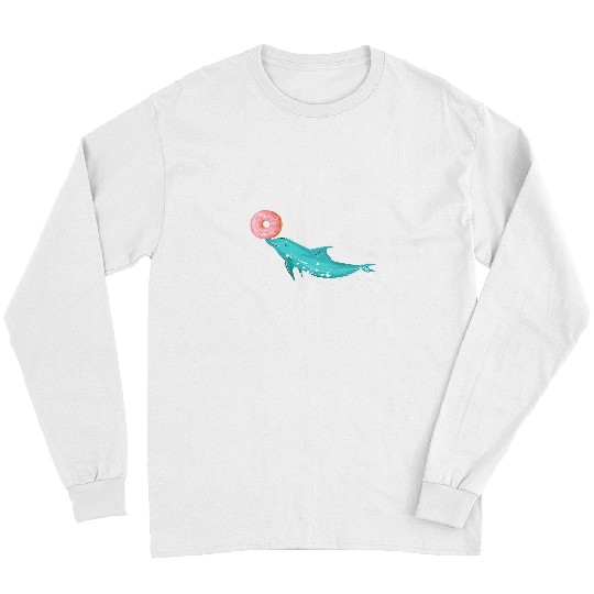 Dolphin with a donut art Marine life food ocean pun Long Sleeves