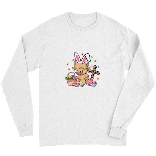 Cow Lover Scottish Highland Cow Print Easter Eggs Leopard Cross Long Sleeves