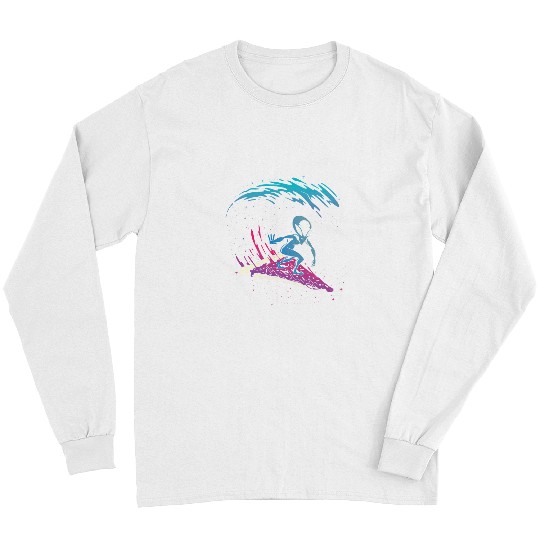 Alien Surfing On Pizza Space Galaxy Funny Cosmic Art Gift Long Sleeves