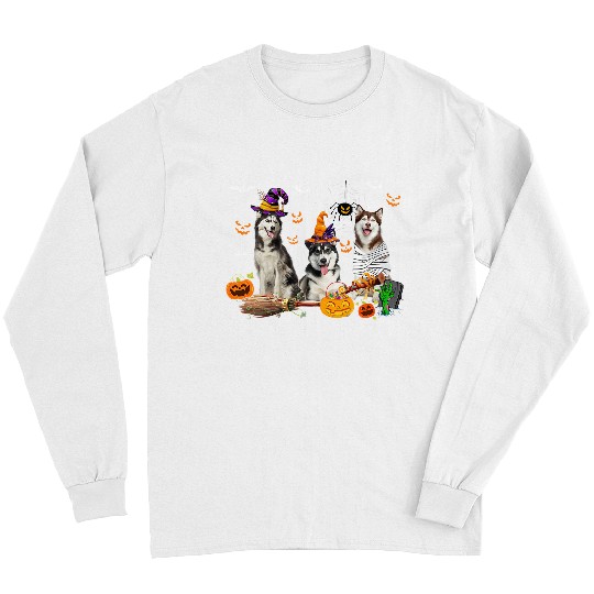 Dog Husky Three Husky Dogs Witch Halloween Mummy Scary Pumpkins Kids Long Sleeves
