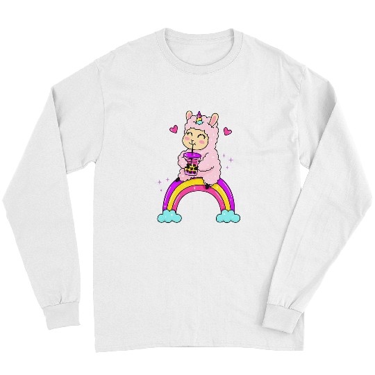 Cute Kawaii Unicorns Llama On A Rainbow Boba Bubble Tea Anime Long Sleeves