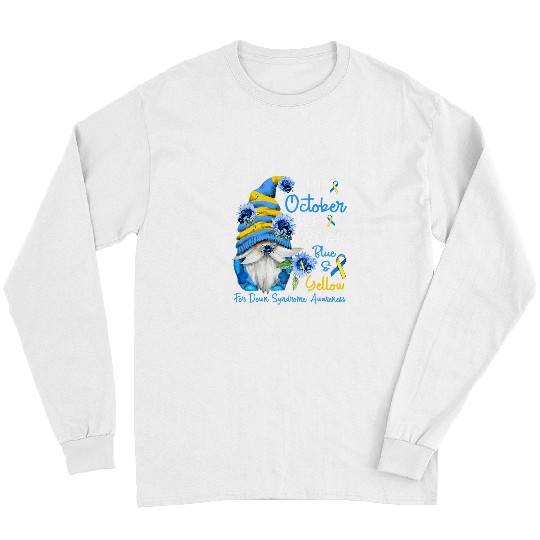 Gnome In October We Wear Blue Yellow Down Syndromes Awareness Long Sleeves