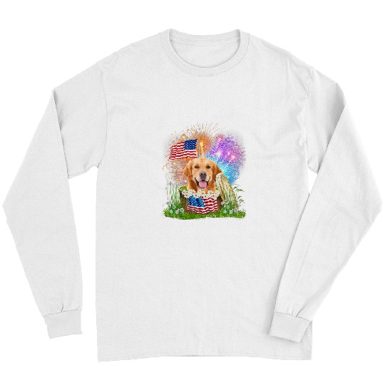 Goldie Daisy American Flag Fireworks 4th Of July 698 Golden Retriever Dog Long Sleeves