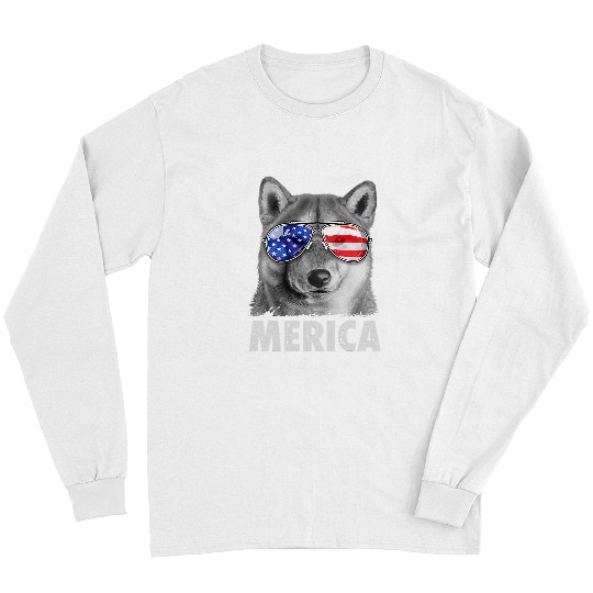 Dog Shiba Inu 4th of July Merica Men American Flag Sunglasses Long Sleeves