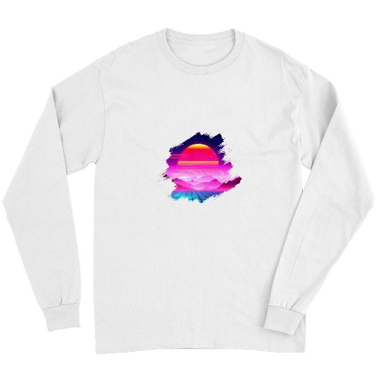 Grid Mountains Sunset Over Canyon Synthwave Landscape Long Sleeves