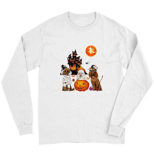 Poodles Three Poodles Halloween Mummy Scary Witch With Pumpkins Poodle dog Long Sleeves