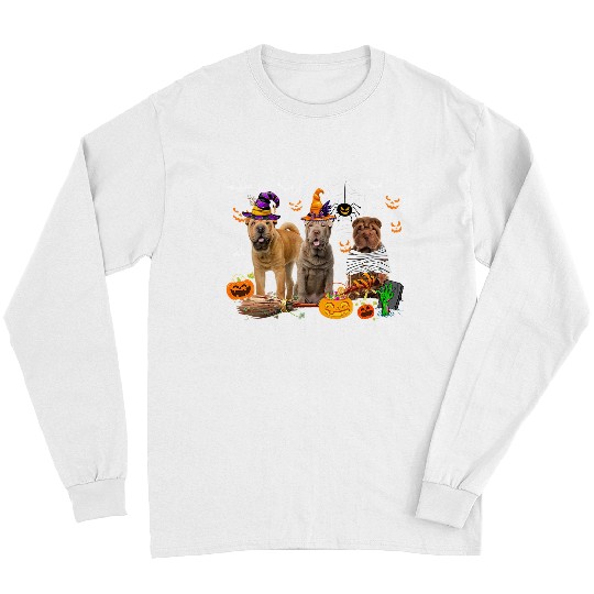 Three Shar Pei Dogs Witch Halloween Mummy Scary Pumpkins Long Sleeves