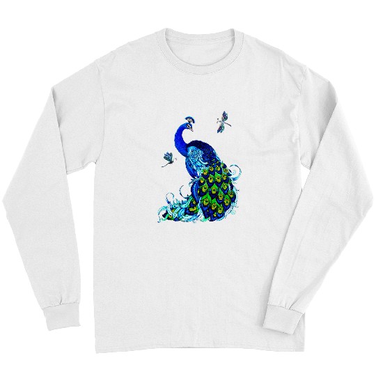 Blue Peacock and Dragonflies 2 Long Sleeves