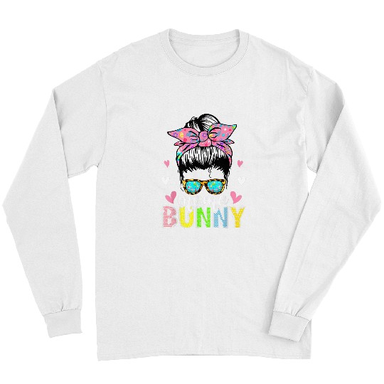 Funny Mama Bunny Plaid Leopard Messy Bun Happy Easter Day Long Sleeves