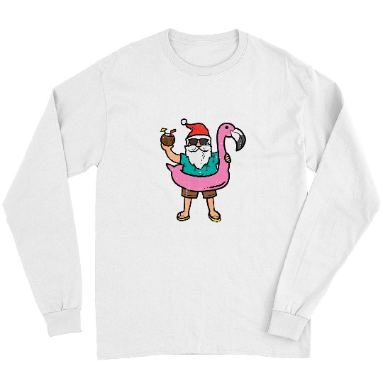 Pink Flamingo Santa On Flamingo Floatie Cute Christmas In July xmass Summer Flamingos Long Sleeves