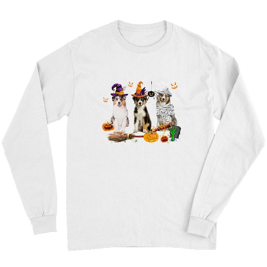Three Australian Shepherd Dogs Mummy Witch Scary Pumpkins Long Sleeves