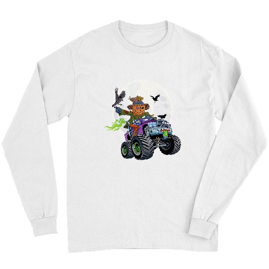 Scarecrow Monster Truck Creepy Halloween Jack O Lantern Kids Long Sleeves