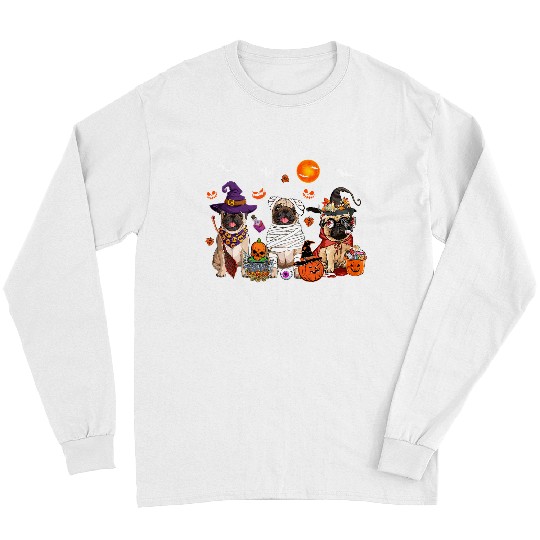 Pug Lover Three Pug Dogs Witch Scary Mummy Halloween Zombie Lover Pugs Dog Long Sleeves