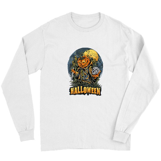 Skeletons Skulls Halloween scarecrow skull head and pumpkins 323 Skull Long Sleeves