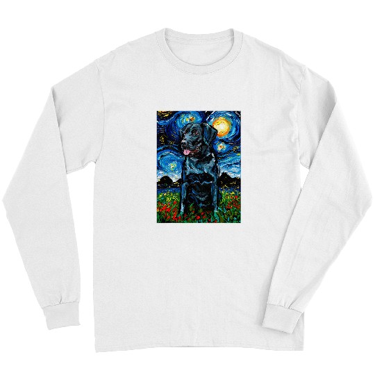 Labrador Lab Dog Sitting Black Labrador Starry Night Dog Portrait Art by Aja Long Sleeves