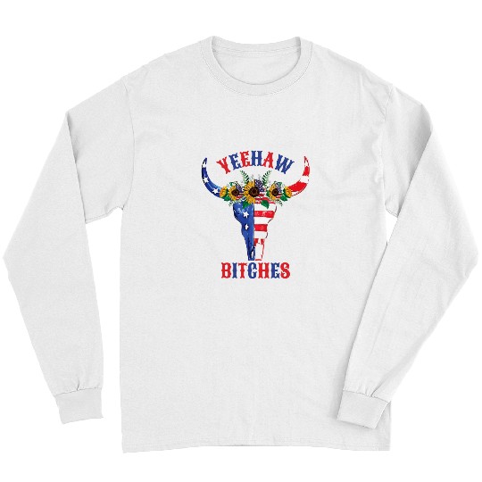 Skeletons Skulls Patriotic Boho Country Skull USA Western Yeehaw Bitches Skull Long Sleeves
